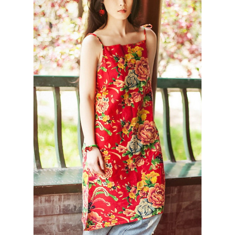 Unique Red Print Lace Up Patchwork Cotton Spaghetti Strap Dress Sleeveless