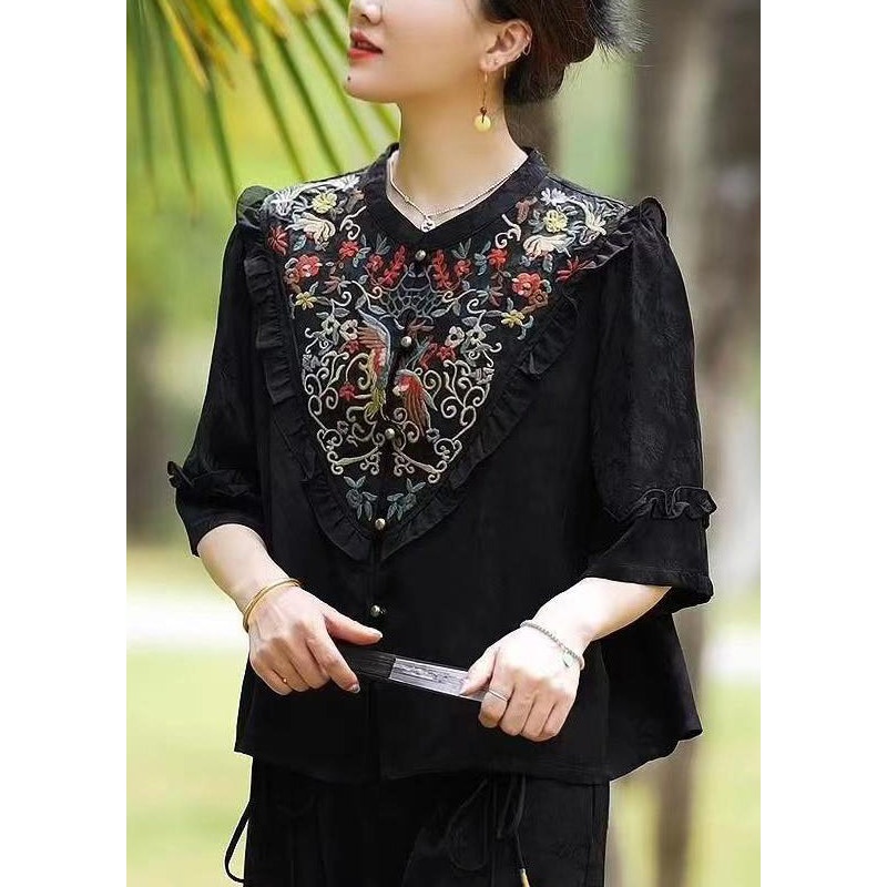 Vintage Black Ruffled Embroideried Patchwork Silk Tops Half Sleeve