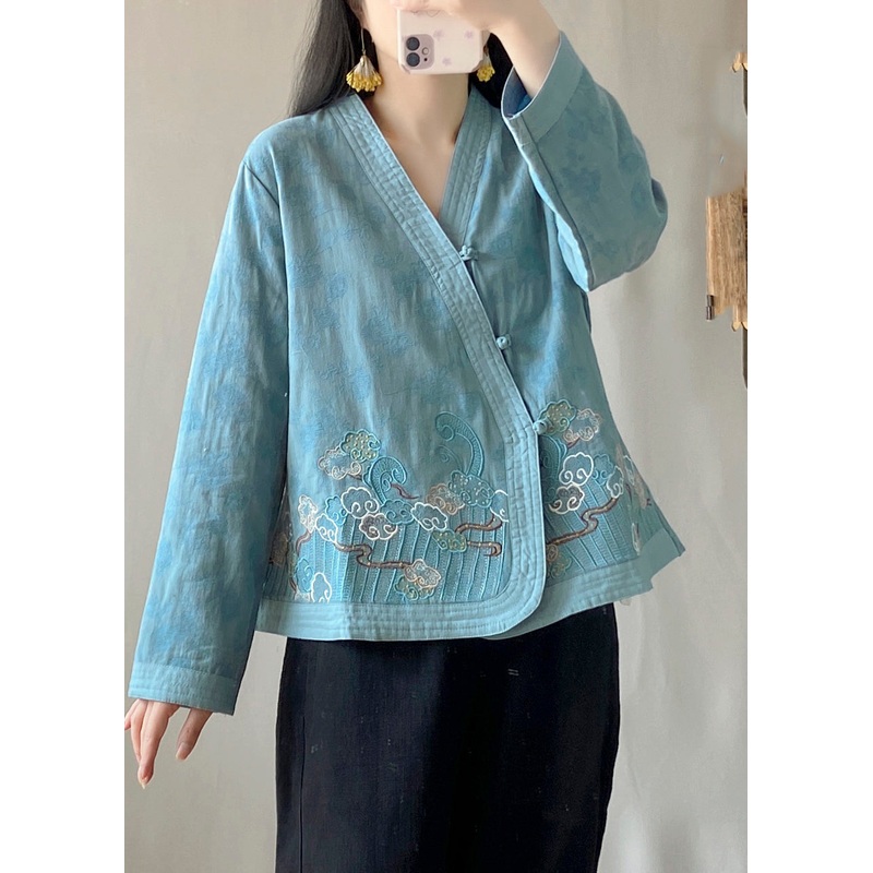 Vintage Blue Patchwork Cardigans Long Sleeve