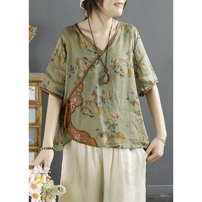 Vintage Green Embroideried Print Lace Up Linen Shirts Summer