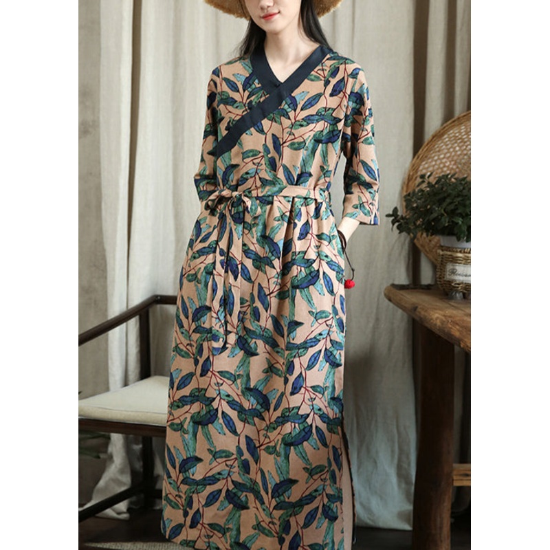 Vintage Green Leaves Print Tie Waist Pockets Cotton Maxi Dresses Half Sleeve