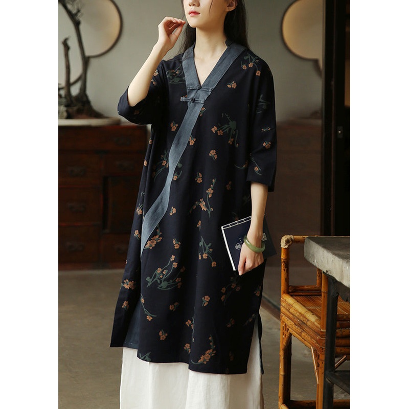 Vintage Navy V Neck Print Patchwork Cotton Dress Half Sleeve