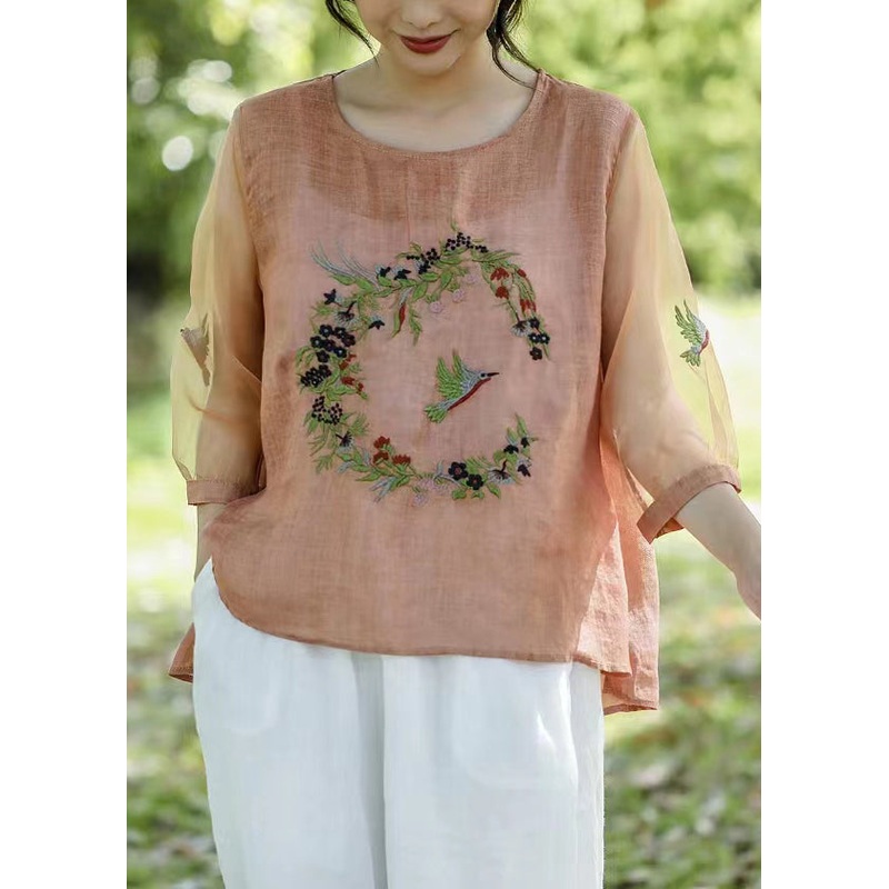 Vintage Pink Embroideried Tulle Patchwork T Shirt Half Sleeve