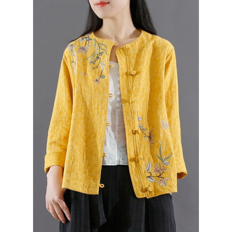 Vintage Yellow Embroideried Button Patchwork Cotton Coats Fall