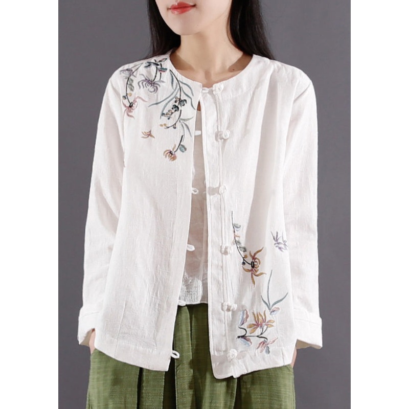 White Button Patchwork Cotton Coats O Neck Long Sleeve