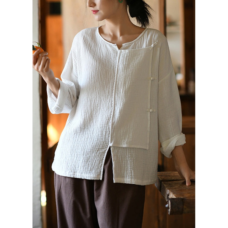 White Button Patchwork Cotton Top O Neck Long Sleeve