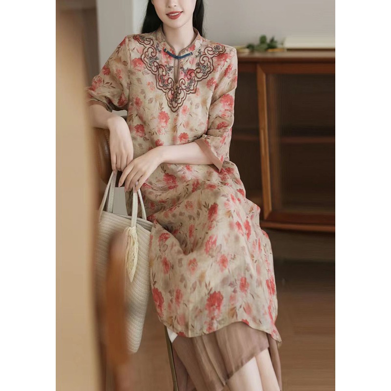 Women Apricot Embroideried Print Patchwork Linen Dresses Half Sleeve
