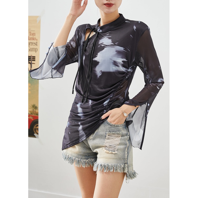 Women Black Asymmetrical Tie Dye Spandex Blouse Tops Flare Sleeve