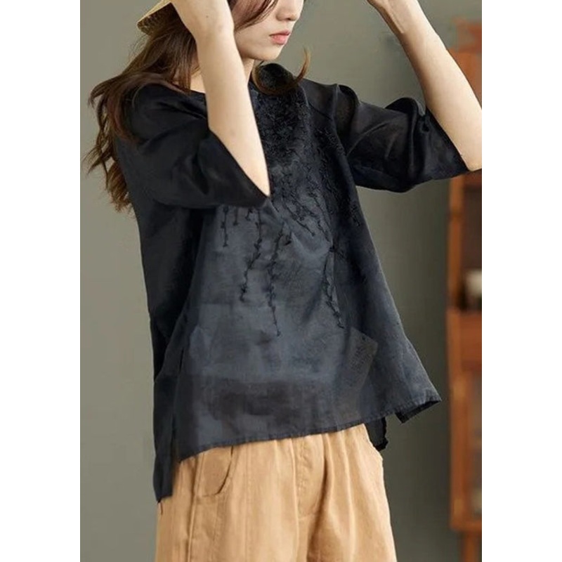 Women Black O Neck Embroideried Patchwork Linen T Shirt Summer