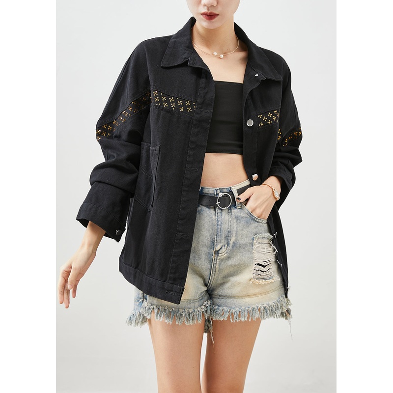 Women Black Sequins Patchwork Denim Coats Fall