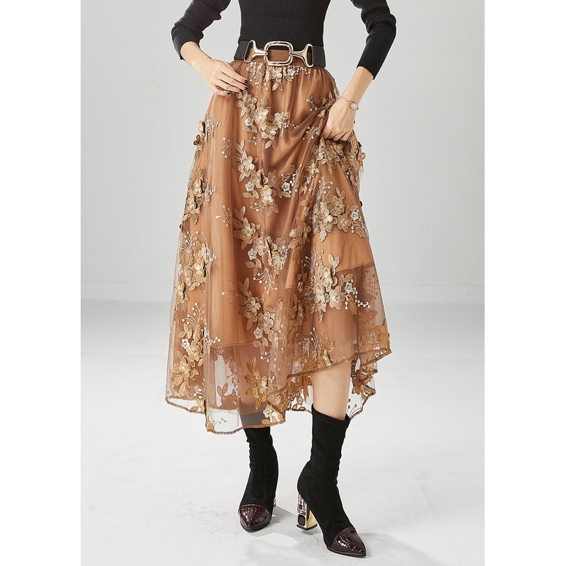 Women Brown Elastic Waist Embroideried Tulle Skirts Fall