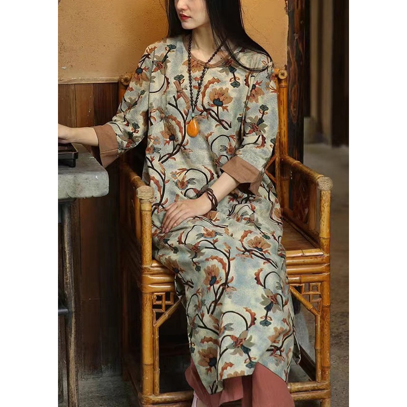 Women Brown Print Button Patchwork Cotton Dresses Bracelet Sleeve