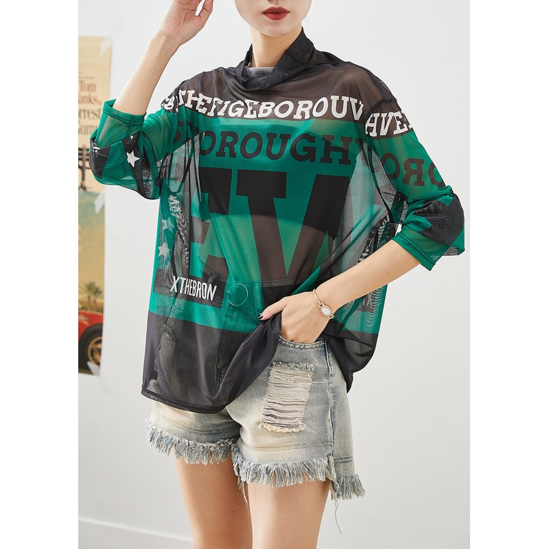 Women Green Turtle Neck Letter Print Tulle Tops Fall