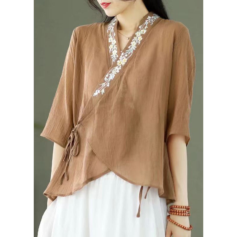 Women Light Coffee Embroideried Lace Up Patchwork Cotton Top Half Sleeve