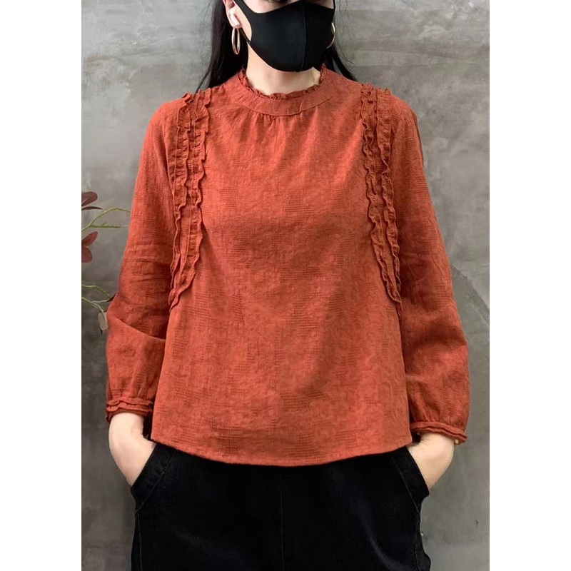 Women Orange O-Neck Ruffled Patchwork Cotton Tops Fall