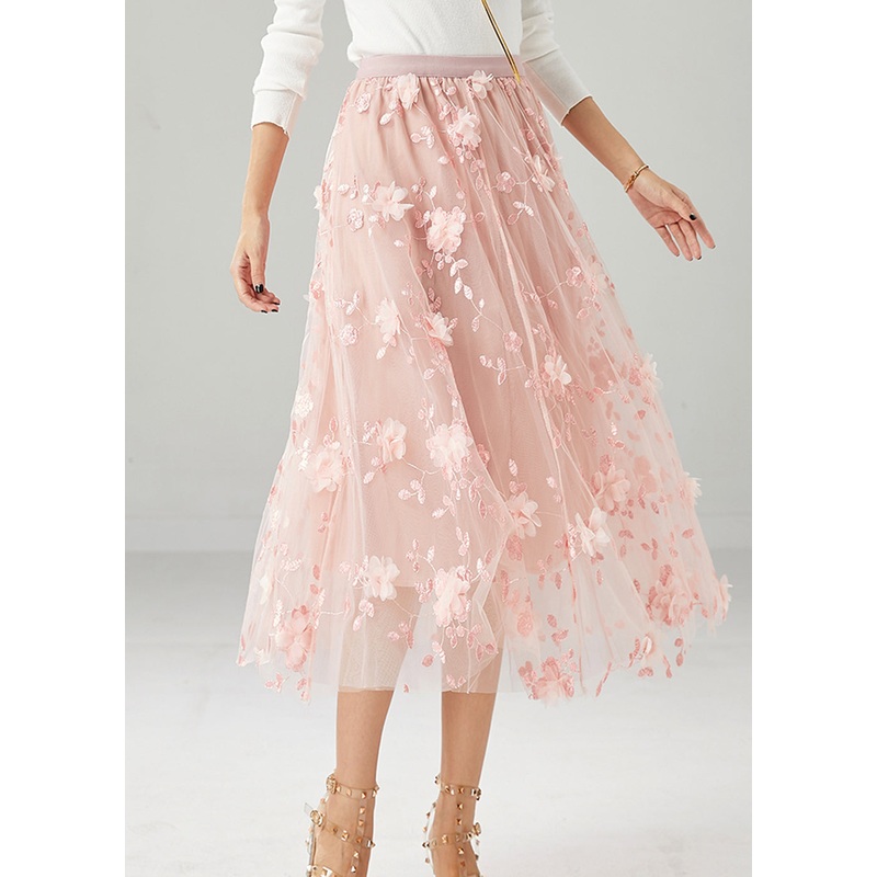 Women Pink Embroideried Stereoscopic Floral Tulle Skirt Fall