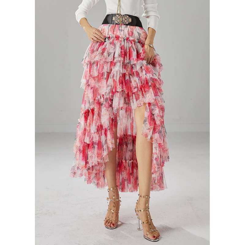 Women Red Print Low High Design Tulle Skirt Fall