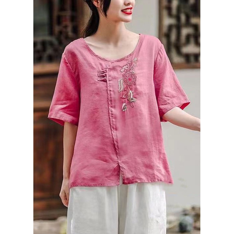 Women Rose O-Neck Side Open Patchwork Cotton T Shirt Summer
