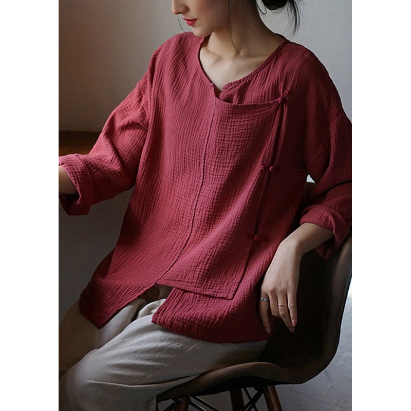 Women Rust Asymmetrical Button Patchwork Cotton Shirts Fall