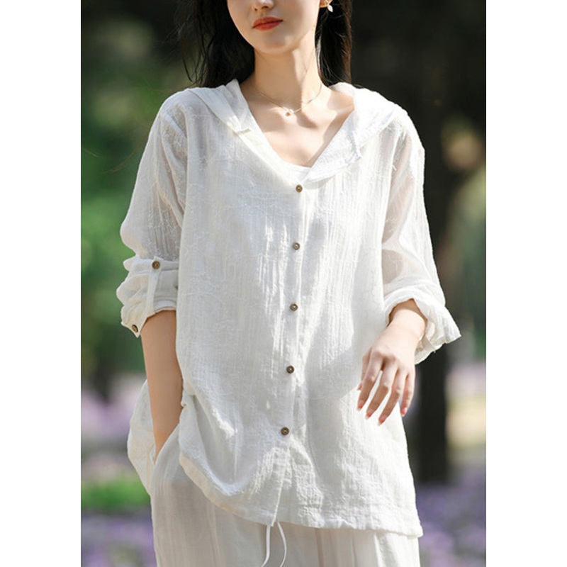 Women White Hooded Button Patchwork Cotton Coats Long Sleeve