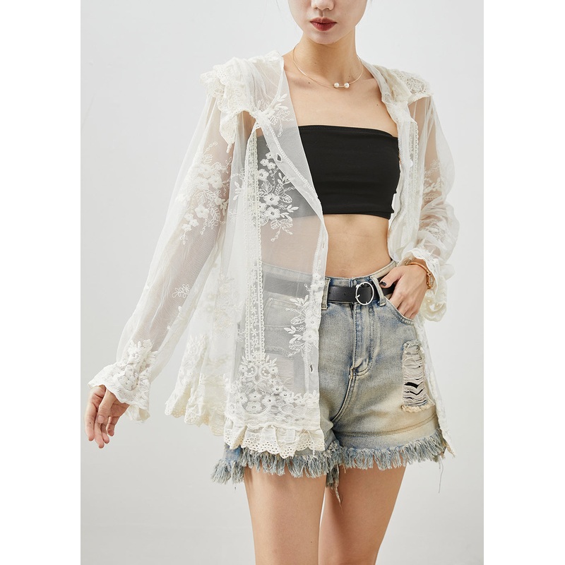 Women White Hooded Embroideried Patchwork Tulle UPF 50+ Coats Fall