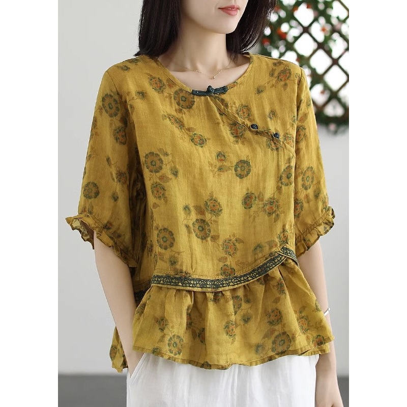 Yellow Embroideried Wrinkled Patchwork Cotton Tops O Neck Summer