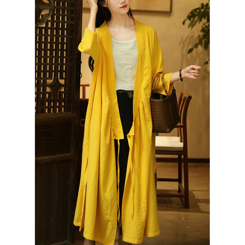 Yellow Wrinkled Patchwork Cotton Coats V Neck Bracelet Sleeve