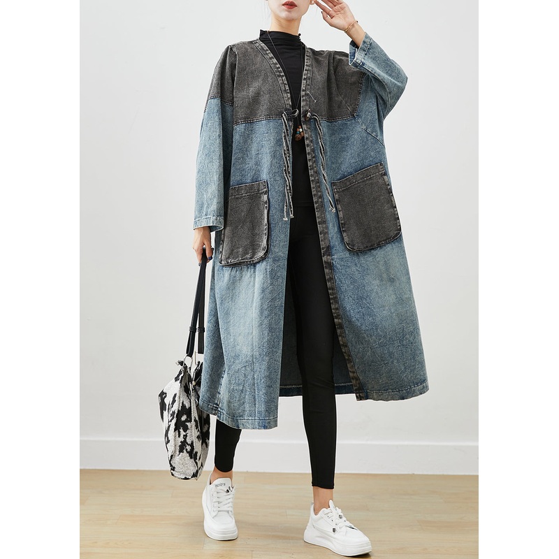 Art Blue Oversized Patchwork Lace Up Denim Cardigan Fall