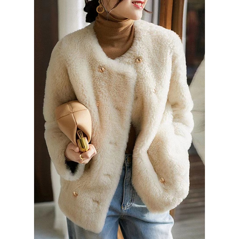 Beige Pockets Patchwork Wool Coats O Neck Button Winter