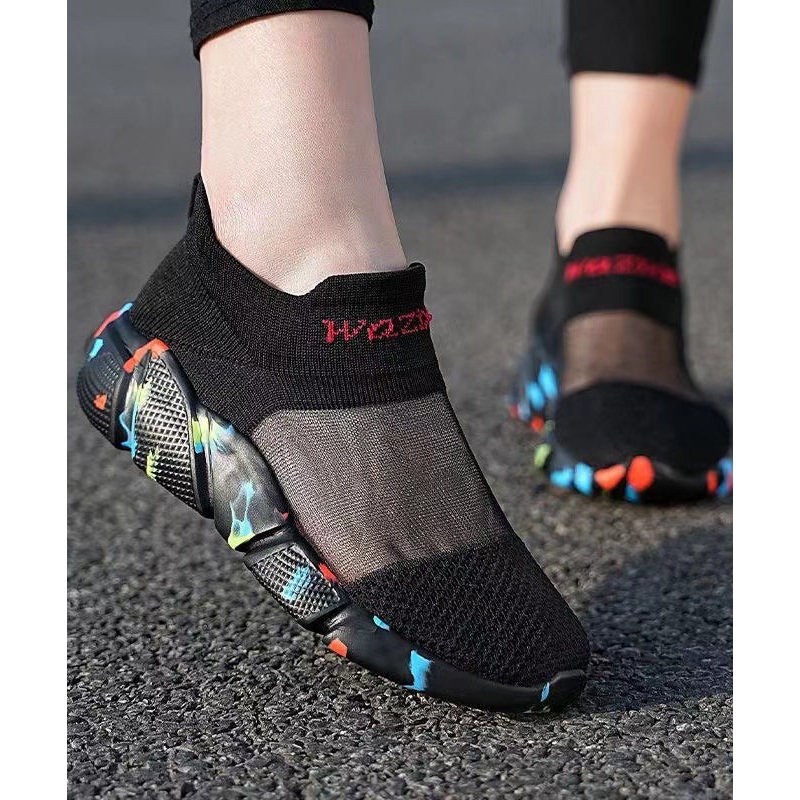 Black Breathable Mesh Casual Splicing Flat Shoes For Plus Size
