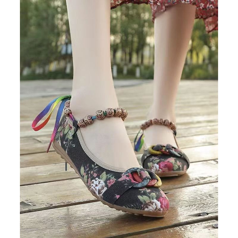 Black Cotton Fabric Beautiful Splicing Flat Shoes For Women