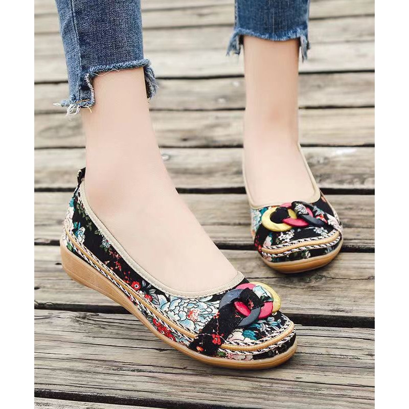 Black Cotton Fabric Print Splicing Boho Wedge Heels Plus Size