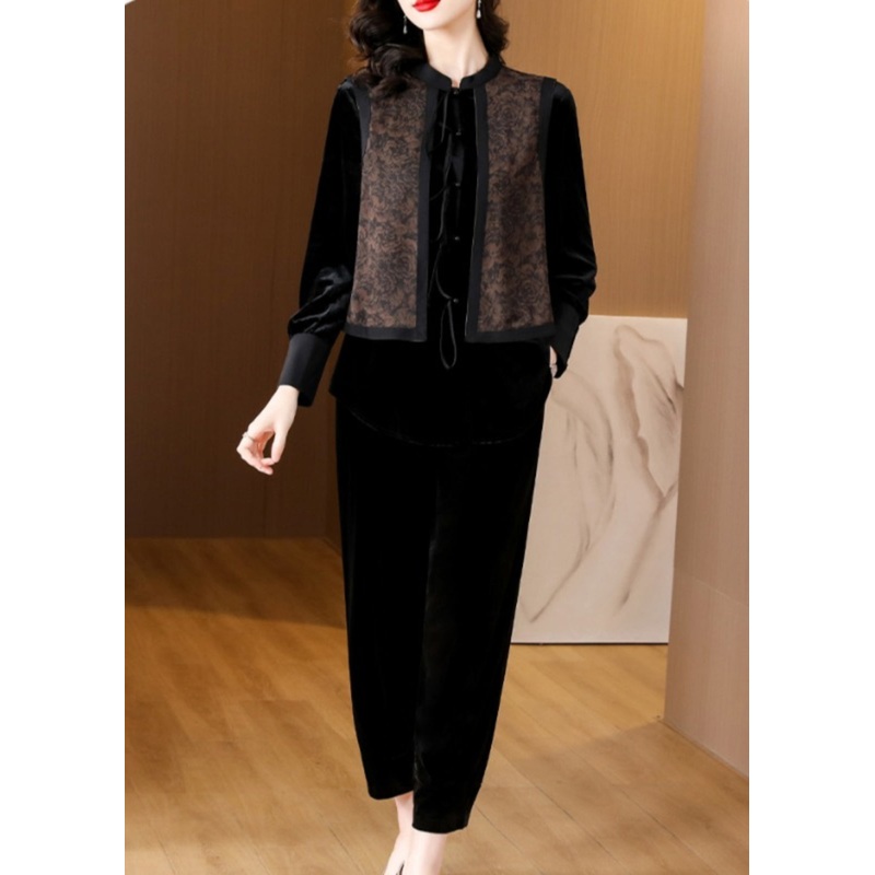 Black O-Neck Print Silk Velour Shirts And Harem Pants Two Pieces Set Fall