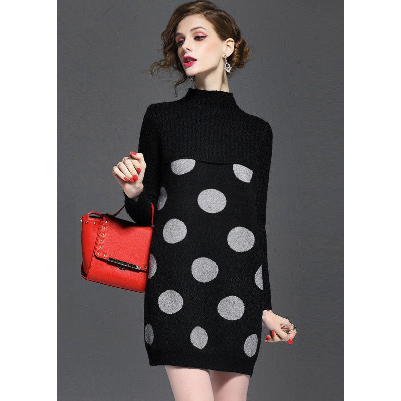 Black Patchwork Knitwear Dress Stand Collar Dot Print Long Sleeve