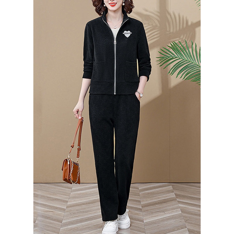 Black Zip Up Coats And Wide Leg Pants Two Piece Set Long Sleeve