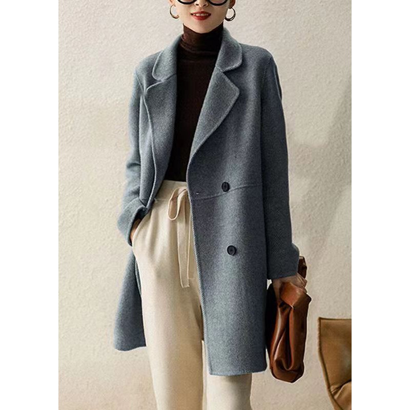 Blue Pockets Patchwork Woolen Trench Peter Pan Collar Button Winter