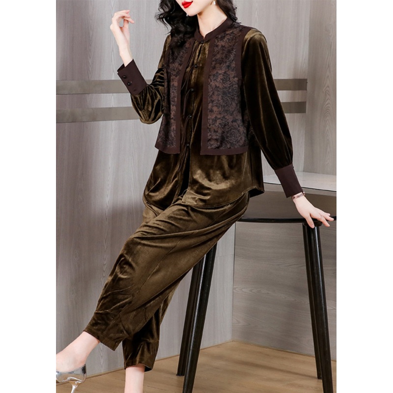 Bohemian Brown Patchwork Button Silk Velour Top And Harem Pants Two Pieces Set Long Sleeve