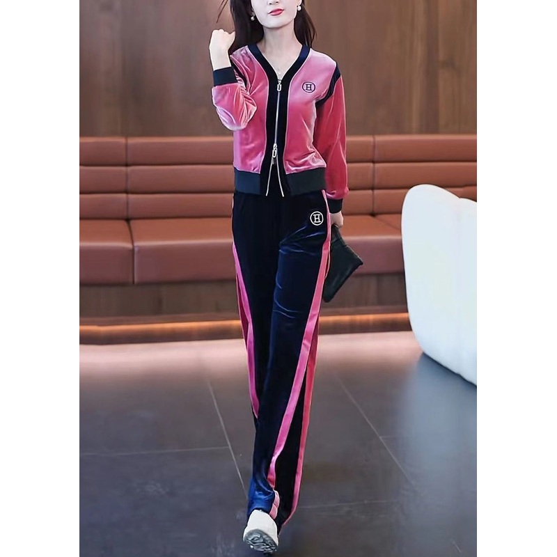 Bohemian Pink V Neck Zippered Patchwork Coats And Pants Silk Velour Two Pieces Set Fall