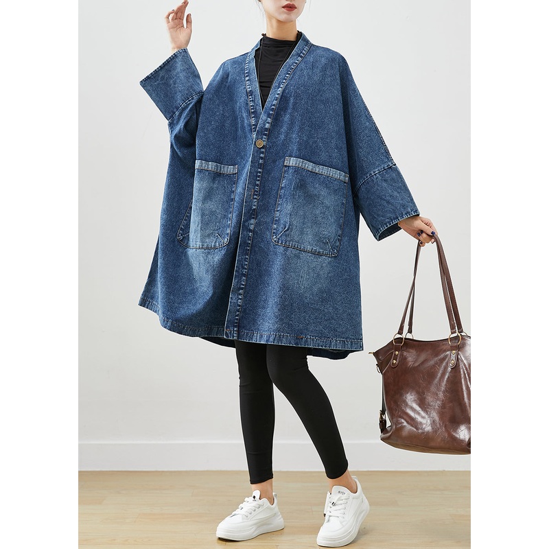 Boho Blue Oversized Pockets Denim Trench Coats Batwing Sleeve