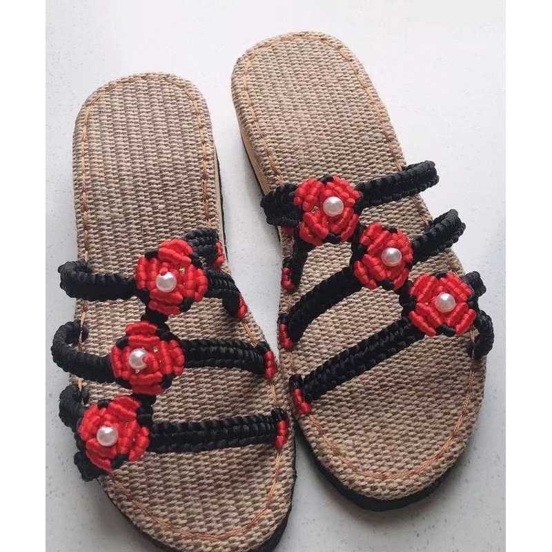 Boho Splicing Wedge Black Knit Fabric Slide Sandals Peep Toe