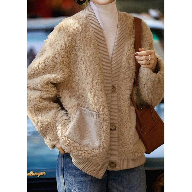 Boutique Camel V Neck Pockets Patchwork Wool Jacket Winter