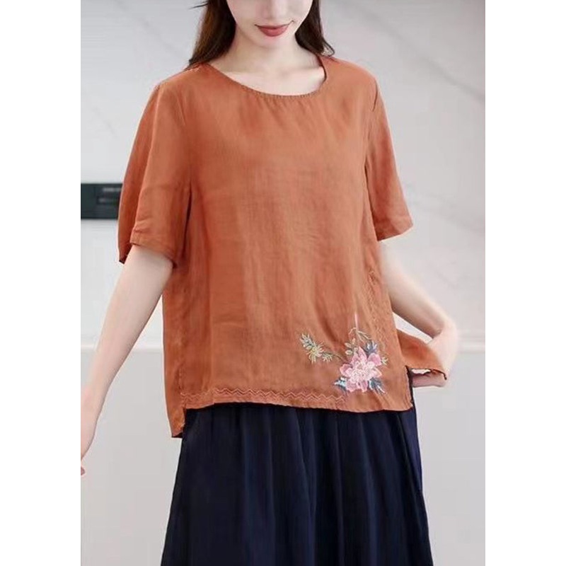 Boutique Orange O-Neck Embroideried Low High Design Ramie T Shirt Summer