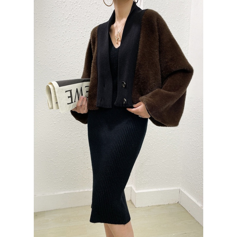 Brown Patchwork Mink Hair Knitted Two Piece Set Women Clothing V Neck Winter