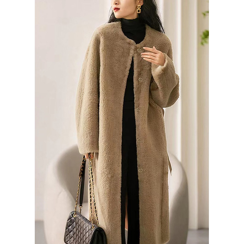 Camel Pockets Patchwork Wool Trench O Neck Button Winter