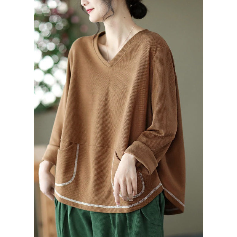 Casual Black V Neck Pockets Patchwork Cotton Sweatshirts Top Long Sleeve