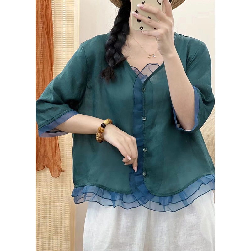 Casual Blackish Green V Neck Organza Patchwork Button Ramie Shirt Fall