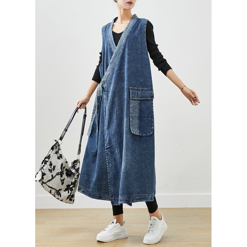 Casual Blue Oversized Lace Up Denim Long Vests Fall