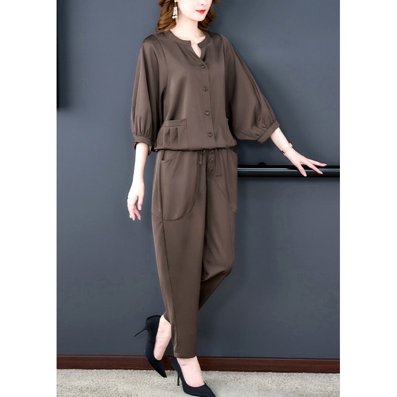 Casual Coffee Patchwork Pockets Top And Harem Pants Two Pieces Set Bracelet Sleeve