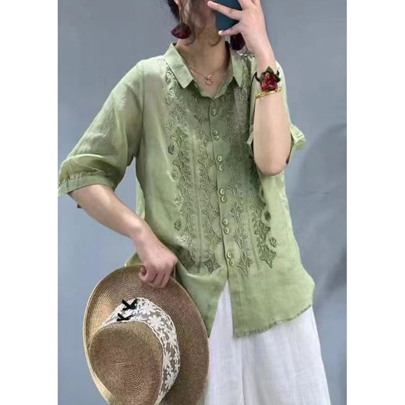 Casual Green Peter Pan Collar Embroideried Button Shirt Half Sleeve