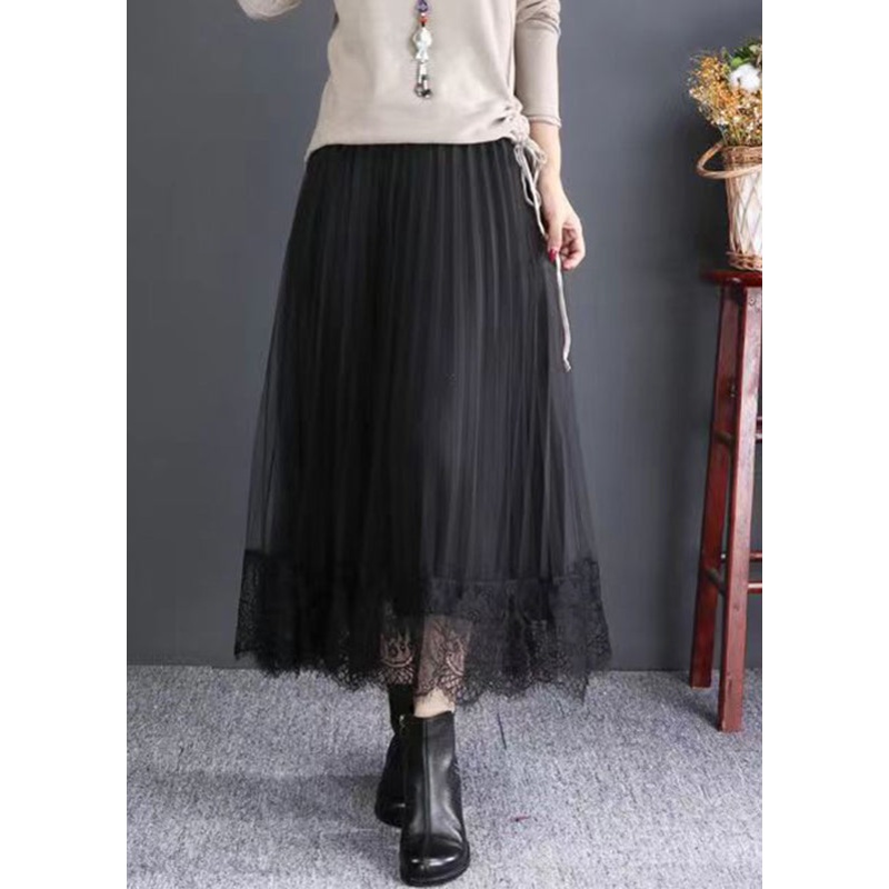 Chic Black Elastic Waist Lace Patchwork Tulle Skirts Fall